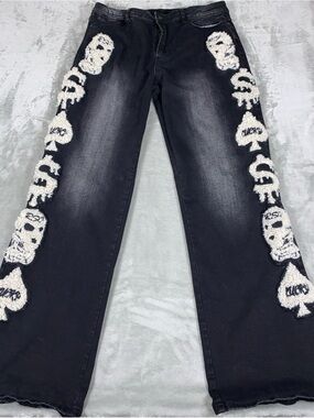 Rockstar Original Jeans Men’s 34x32 Black Skull Graphic Chenille Grunge Y2K